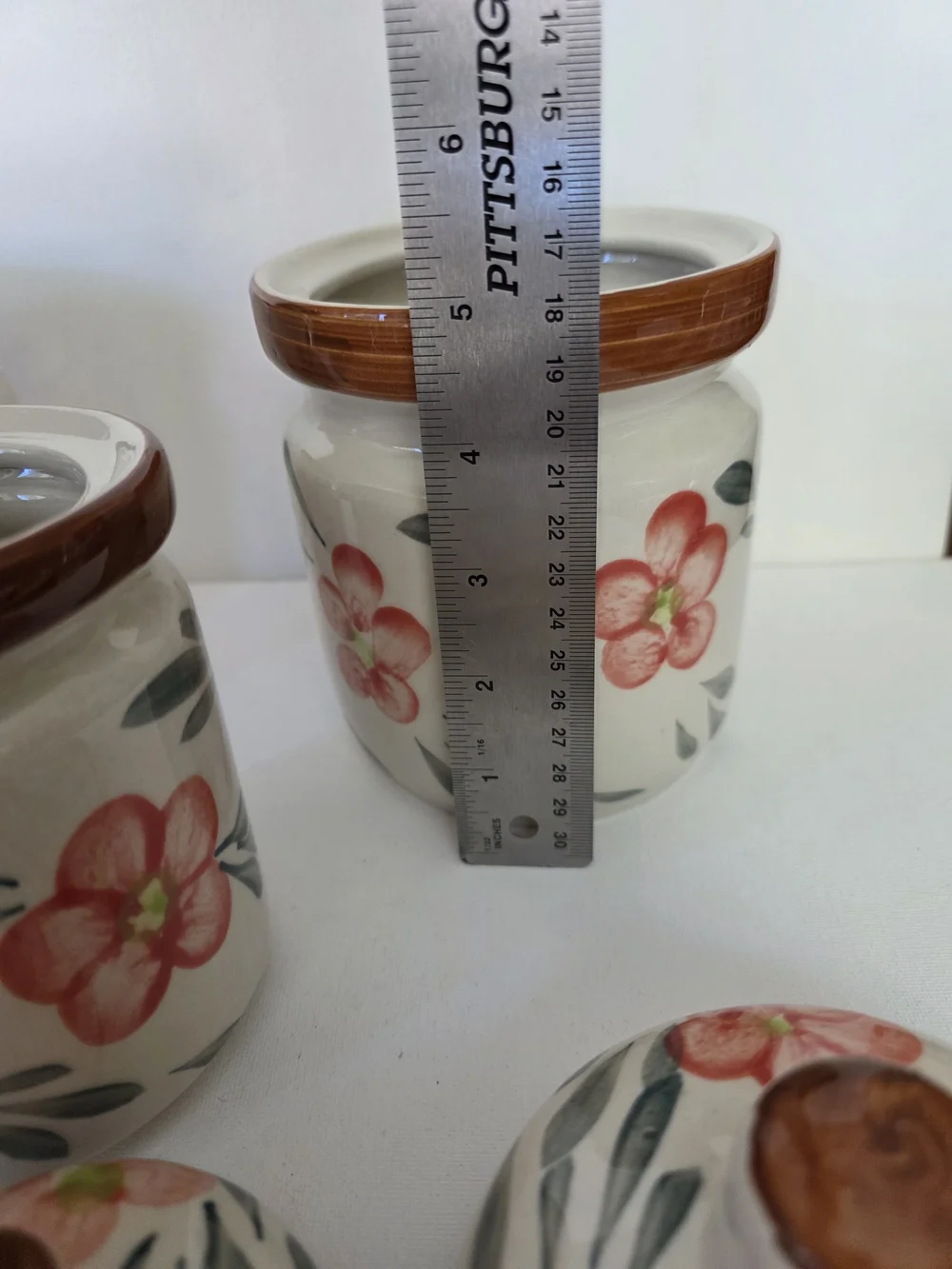 Vintage Hand-Painted Floral Ceramic Canister - Coral Flowers.